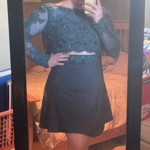 Two Piece Homecoming Dress Long Sleeve Sequins Dark Teal Short Skirt